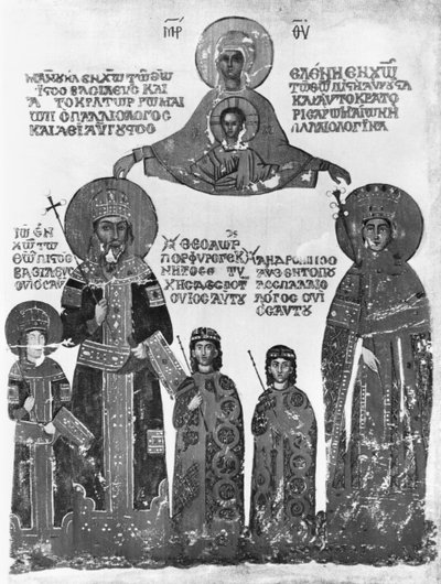 Manuele II Paleologo e la sua famiglia protetti dalla Vergine Maria e dal Bambino Gesù, dalle opere di San Dionigi l